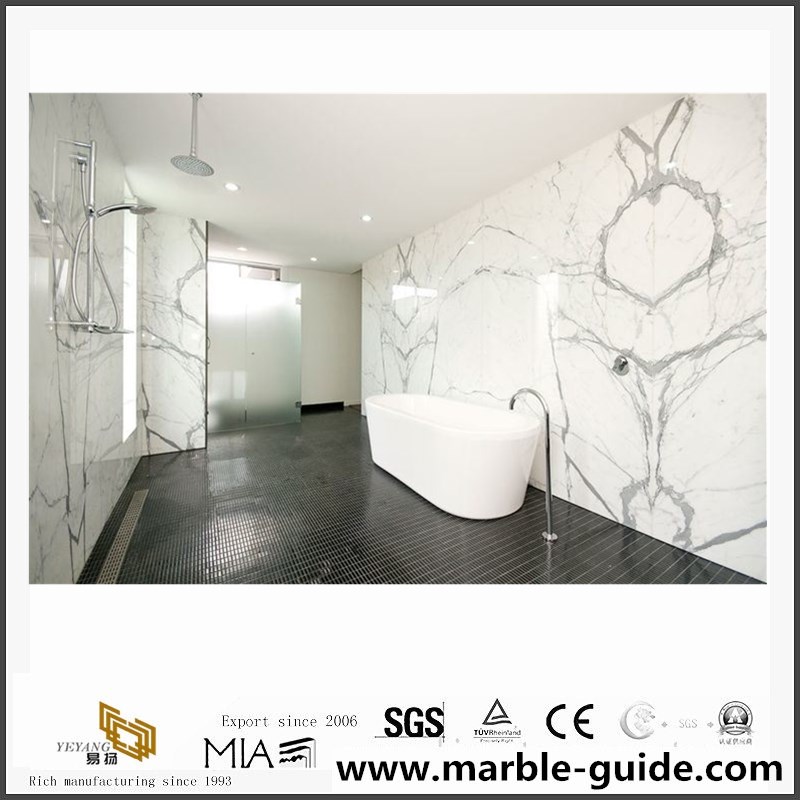 Statuario white marble bathroom wall bookmatch tiles